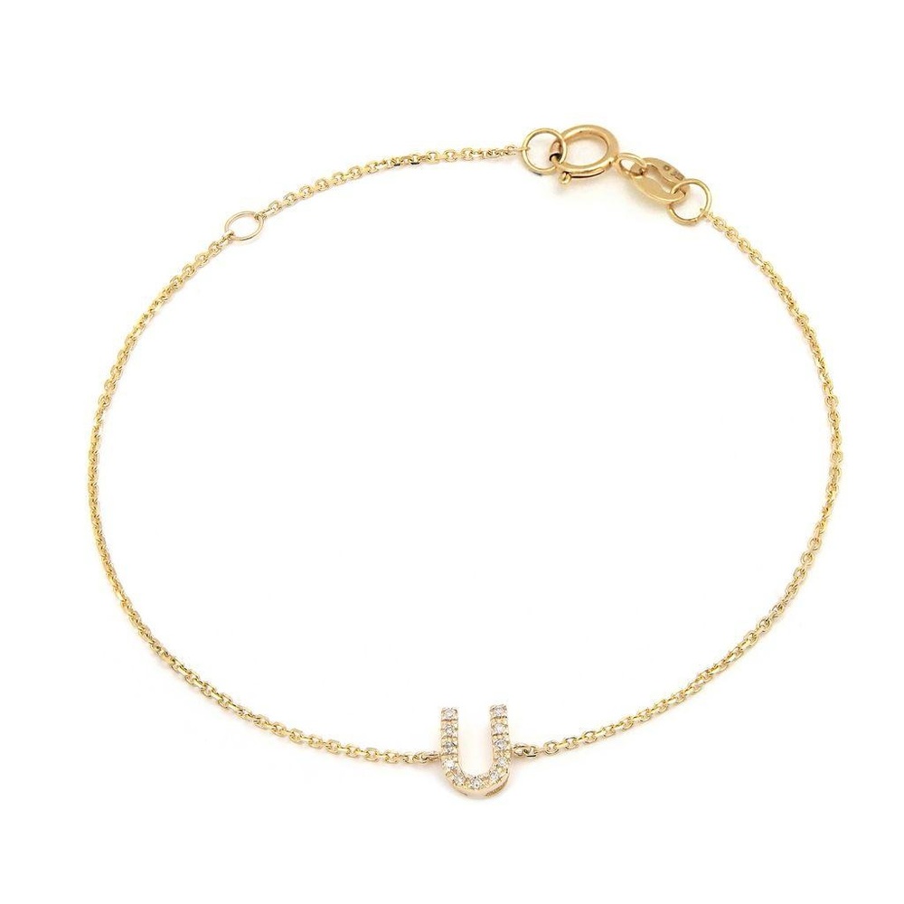 14K Real Yellow Gold  Initial ”U” Single Prong Diamond Bracelet 7+1″